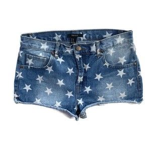 Forever 21 White Stars Print Cutoff Mid Rise Denim Shorts